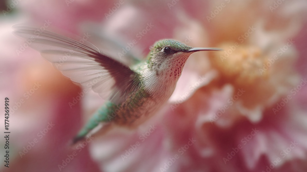 Fototapeta premium Close-up of a hummingbird in mid-flight. the hummingbird is facing towards the right side of the image, with its wings spread wide. the wings are a vibrant green color with hints of pink and orange.