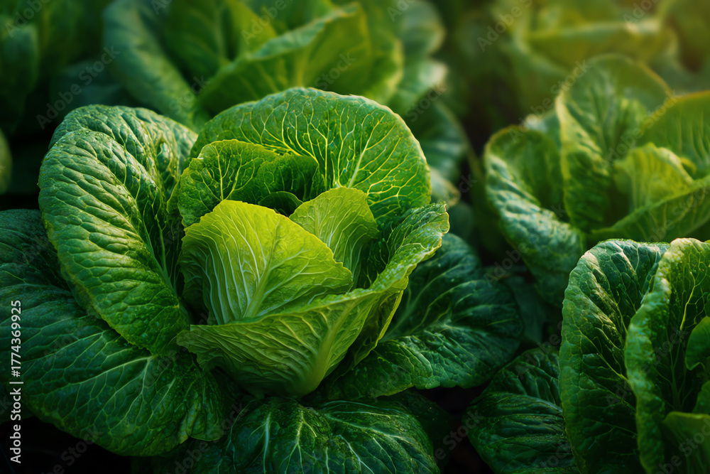 Fototapeta premium Healthy Green Lettuce: A close-up showcases a vibrant, fresh head of lettuce, with its lush green leaves elegantly layered. A testament to nature's bounty and the essence of healthy eating.
