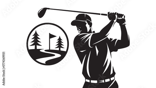 Golfer swinging club illustration of a golf player in action logo design for golf course or sports brand
