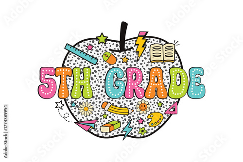 Fotografie 5th Grade Apple PNG Clipart, Colorful Doodle School Supplies Design for Back to