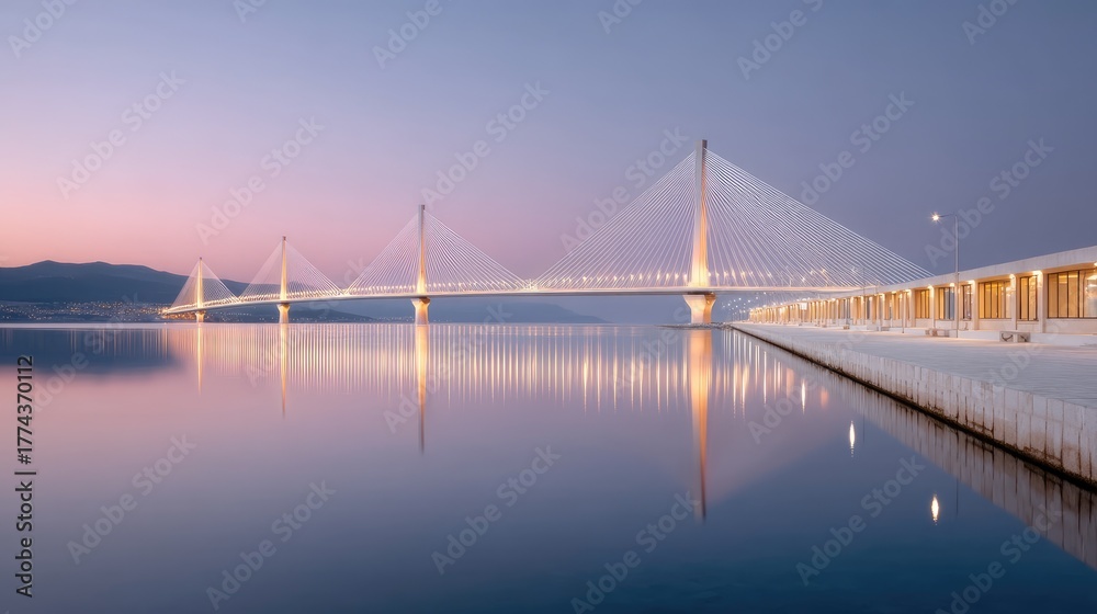 Fototapeta premium Cable Stayed Bridge Illuminated At Twilight Over Calm Water With Reflection And Mountain In Background
