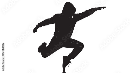 Silhouette of a hooded man jumping dynamic pose in black and white isolated on white background