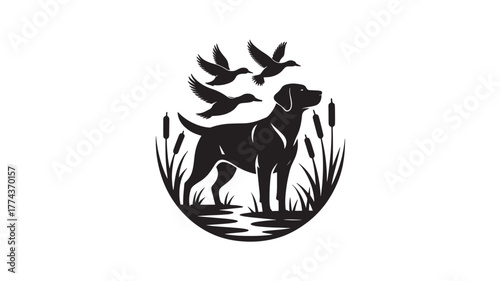 Hunting dog silhouette with flying ducks illustration for hunting club logo isolated on white background