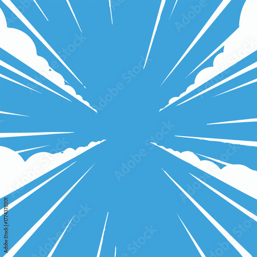 Dynamic blue sky background with intense radial speed lines and stylized white clouds, conveying rapid movement, energetic acceleration, and visual excitement