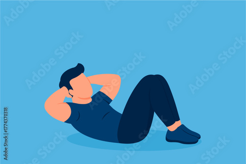 Fit Man Doing Abdominal Crunch Exercise – Flat Vector Illustration