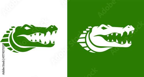 Logo  Stylized green alligator head logo design in two color variations. A fierce reptile mascot icon perfect for a sports team or brand emblem