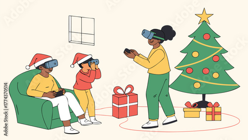 Christmas vr gaming family fun holiday season virtual reality Metmaverse kids playing together gift giving joy