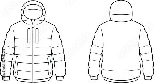 Technical flat sketch of hooded puffer jacket, front and back view, zippered pockets, quilted design, zipper closure, fashion illustration, garment template