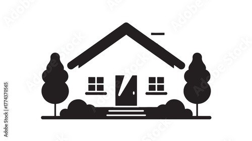 Minimalist house icon with trees simple flat design element isolated on white background