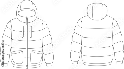 Technical flat sketch of hooded puffer jacket, front and back view, flap pockets, quilted design, zipper closure, fashion illustration, garment template