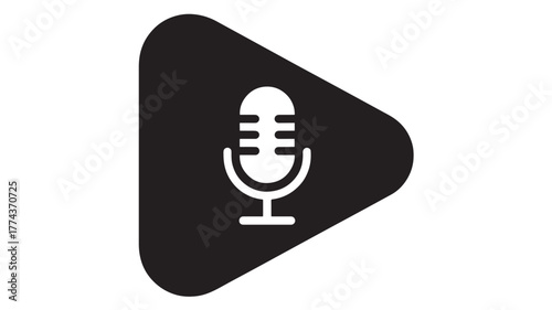 Microphone icon in a play button simple flat glyph for podcasting and audio recording apps isolated on white background