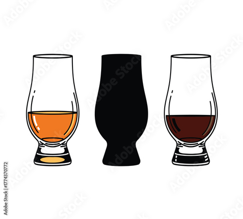 Three glencairn glasses isolated on white background showcasing different shades of whisky, from light amber to rich mahogany, in a minimalist composition