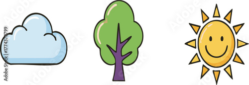 Cartoon cloud, tree, and sun smiling brightly in a simple nature scene, creating a cheerful and optimistic atmosphere for children's content.