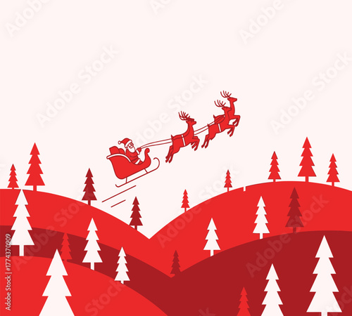 Santa claus riding sleigh with reindeers flying over red hills with christmas trees isolated on white background