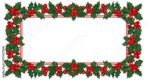 A festive rectangular frame adorned with vibrant red berries and lush green holly leaves, perfect for holiday greetings.