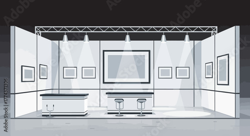 Illustration of a trade show booth with white walls, tables, stools, and lighting.