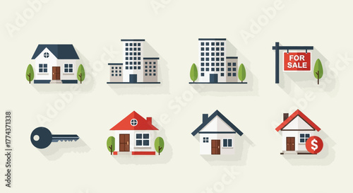 A collection of flat design icons representing various real estate properties and related elements, including houses, apartment buildings, a key, and a 'for sale' sign.