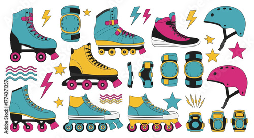Colorful collection of retro roller skates, rollerblades, and protective gear with decorative elements.