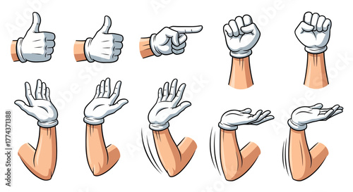 Cartoon hands with white gloves in various gestures and positions.