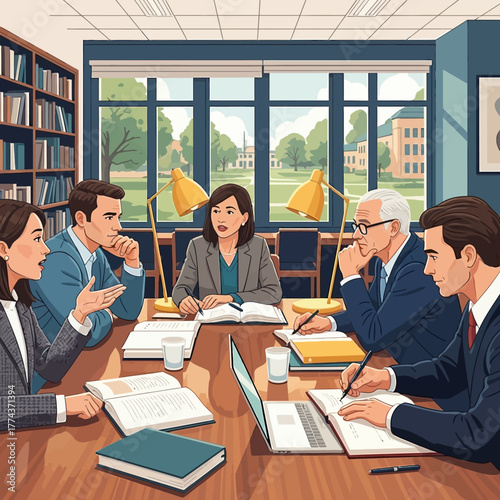 A diverse group of professionals engaged in a serious discussion around a table in a library or office.