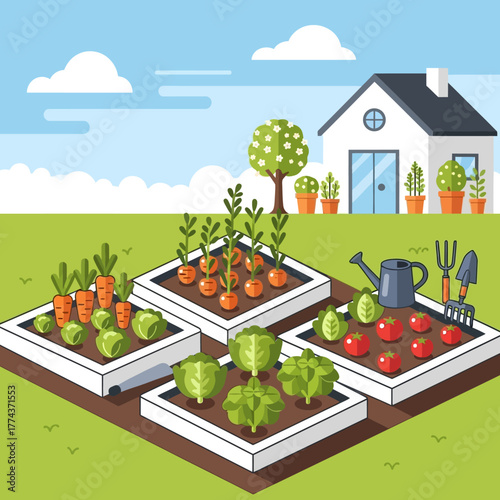 A vibrant illustration of a home garden with raised beds growing various vegetables like carrots, lettuce, and tomatoes, complete with gardening tools.