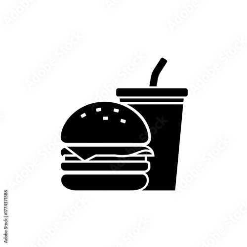 Black and white icon illustration showing a burger beside a drink with a straw