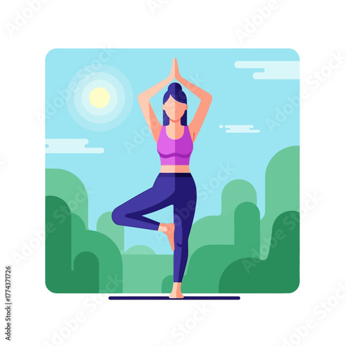 Flat design illustration of a woman practicing yoga tree pose outdoors with a sunny landscape background.