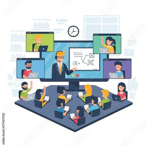 Illustration of a virtual classroom with students attending a lesson online with a teacher.