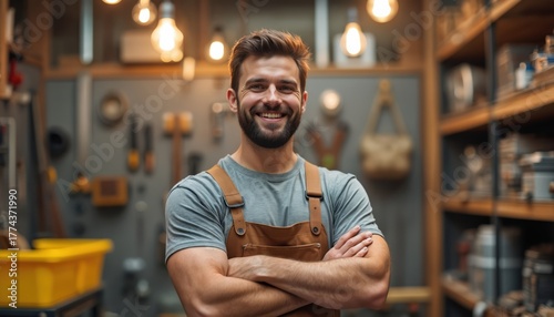 Smiling man with beard stands in workshop with tools on wall. He wears brown suspenders over grey shirt, arms crossed. Shelves with supplies behind him.