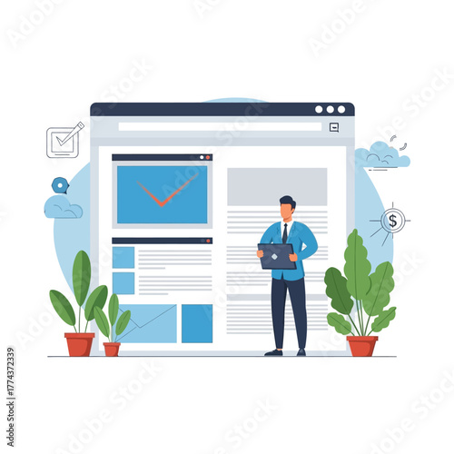 Businessman with a laptop managing a website, showcasing web development and online presence.