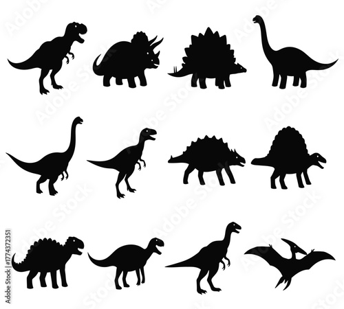 Silhouettes of various dinosaur species isolated on white background, showcasing prehistoric creatures and their diverse forms and sizes