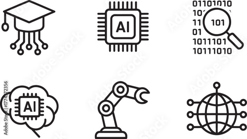 Artificial intelligence and technology icons set with graduation cap AI chip and robot arm Keywords