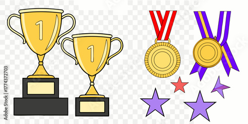 Two trophy designs, set against a stark white background, are displayed. The first, on the left, presents a solid black trophy, radiating outward lines suggesting movement and stars. The trophy is a c