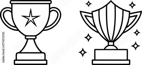 Two trophy designs, set against a stark white background, are displayed. The first, on the left, presents a solid black trophy, radiating outward lines suggesting movement and stars. The trophy is a c