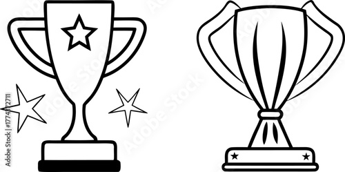 Two trophy designs, set against a stark white background, are displayed. The first, on the left, presents a solid black trophy, radiating outward lines suggesting movement and stars. The trophy is a c