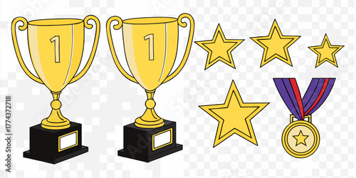 Two trophy designs, set against a stark white background, are displayed. The first, on the left, presents a solid black trophy, radiating outward lines suggesting movement and stars. The trophy is a c