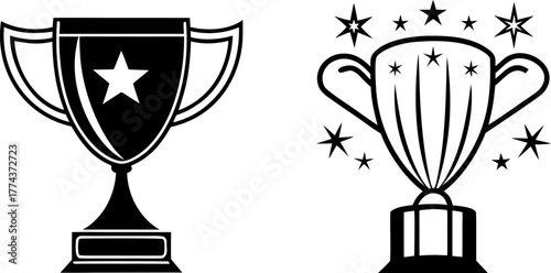 Two trophy designs, set against a stark white background, are displayed. The first, on the left, presents a solid black trophy, radiating outward lines suggesting movement and stars. The trophy is a c