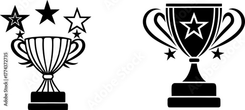 Two trophy designs, set against a stark white background, are displayed. The first, on the left, presents a solid black trophy, radiating outward lines suggesting movement and stars. The trophy is a c