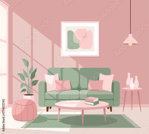 A charming pink playroom with toys, furniture, and sunlight streaming through the window, creating a cozy and inviting space for children to play and learn