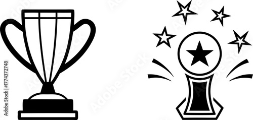 Two trophy designs, set against a stark white background, are displayed. The first, on the left, presents a solid black trophy, radiating outward lines suggesting movement and stars. The trophy is a c