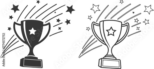 Two trophy designs, set against a stark white background, are displayed. The first, on the left, presents a solid black trophy, radiating outward lines suggesting movement and stars. The trophy is a c