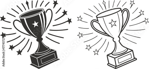 Two trophy designs, set against a stark white background, are displayed. The first, on the left, presents a solid black trophy, radiating outward lines suggesting movement and stars. The trophy is a c