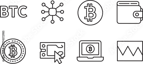 Bitcoin cryptocurrency icons and symbols on white background Keywords: bitcoin, btc, cryptocurrency