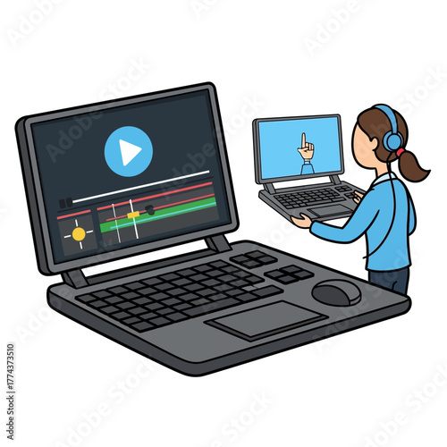 A cartoon woman with headphones edits a video on a large laptop while watching an online tutorial on a smaller one.