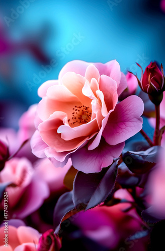 A bouquet of flowers roses against a blur background, close-up, high-resolution photography, super-realistic photographic style, natural lighting