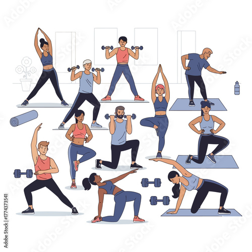 Diverse group of men and women performing various fitness exercises and yoga poses in a gym setting, using dumbbells and mats for a full body workout.