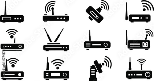 Wireless router, WIFI network and satellite connection. Network switch device, ethernet data transmission, digital communication technology vector illustration icon set. 