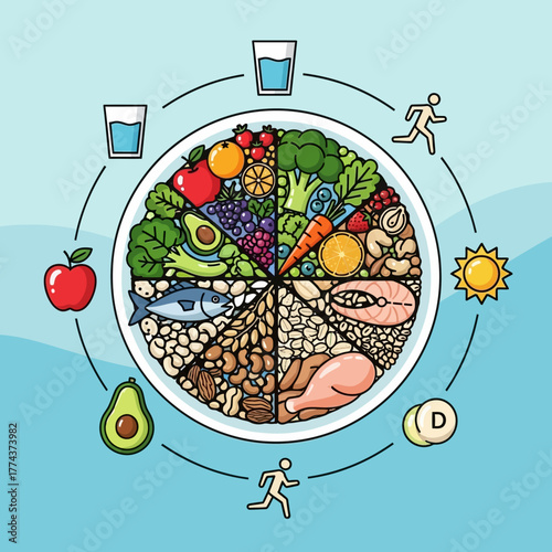 A colorful illustration of a balanced diet plate surrounded by icons representing a healthy lifestyle.