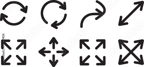 Collection of black circular and directional arrow icons on white background Keywords: arrow, icon