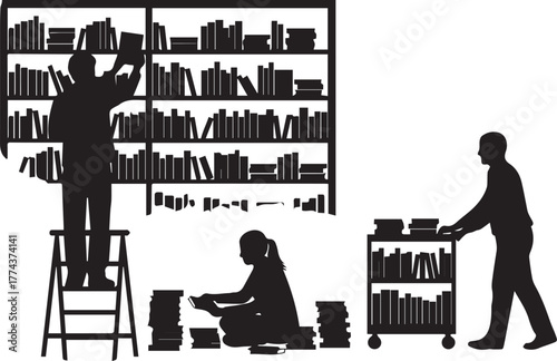 Diverse volunteers organize bookshelves at library for international volunteer day celebration